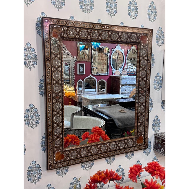 Art Deco Vintage Marquetry Wood Inlay Mirror With Mother-of-Pearl Details For Sale - Image 3 of 8