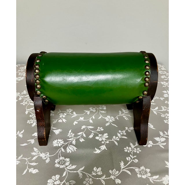 Victorian Antique Pegged-Joint Rolling Pin Gout Stool in Verdant Green Leatherette For Sale - Image 3 of 18