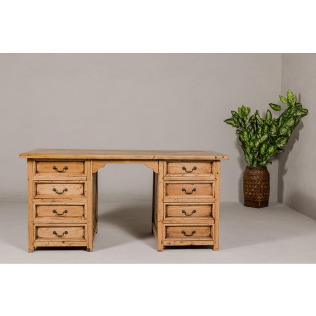 Teak Kneehole Desk with Eight Drawers and Custom Bleached Finish For Sale - Image 4 of 12