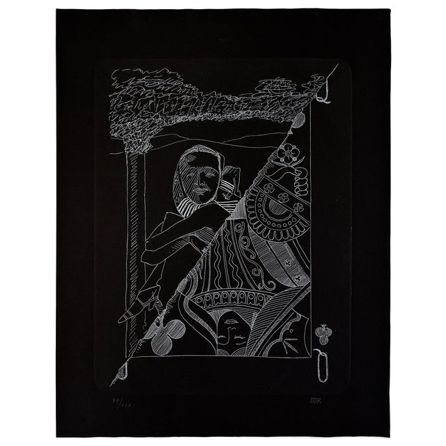 Etching and pochoir in white ink on black paper. Hand signed lower right by Man Ray. Hand numbered 89/100 lower left....