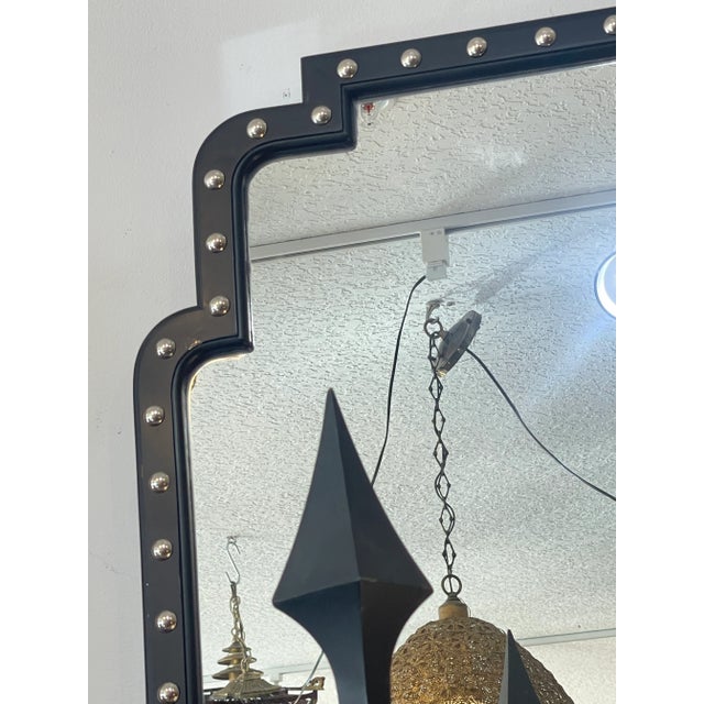 Mid-Century Modern Pair Tall Wood Wall Mirrors With Large Nickel Nail Heads, Mid Century For Sale - Image 3 of 12