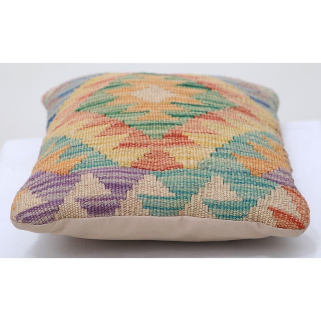Tribal Arteverk Handwoven Afghan Kilim Lumbar Pillow — Green & Orange Harlequin Diamonds For Sale - Image 3 of 3