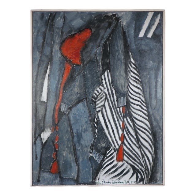 Mado Schoolmeesters, Abstract Graphic Artwork in Black, White and Red, 1980s, Oil on Canvas For Sale