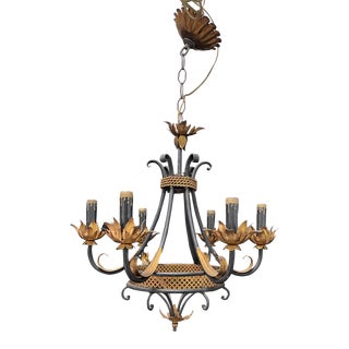 1950s Italian Florentine Black and Gold Chandelier With 6 Lights For Sale