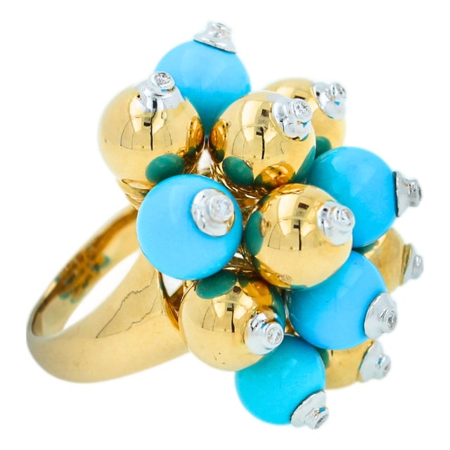 Blue Turquoise Diamonds Golden Spheres Balls Christmas Bells Motif 18k Gold Ring, Size 7 For Sale