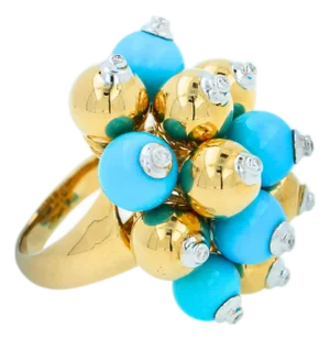 Blue Turquoise Diamonds Golden Spheres Balls Christmas Bells Motif 18k Gold Ring, Size 7