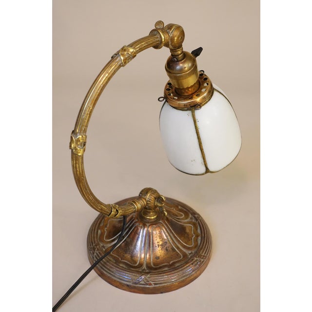 Metal 1910s Art Nouveau Edward Miller Industrial Machine Age Elaborate Brass Slag Glass Articulating Desk Table Piano Lamp For Sale - Image 7 of 12