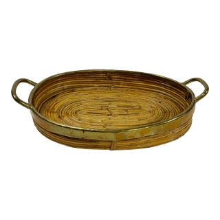 Vintage Gabriella Crespi Style Woven Pencil Reed Brass Trim Tray For Sale