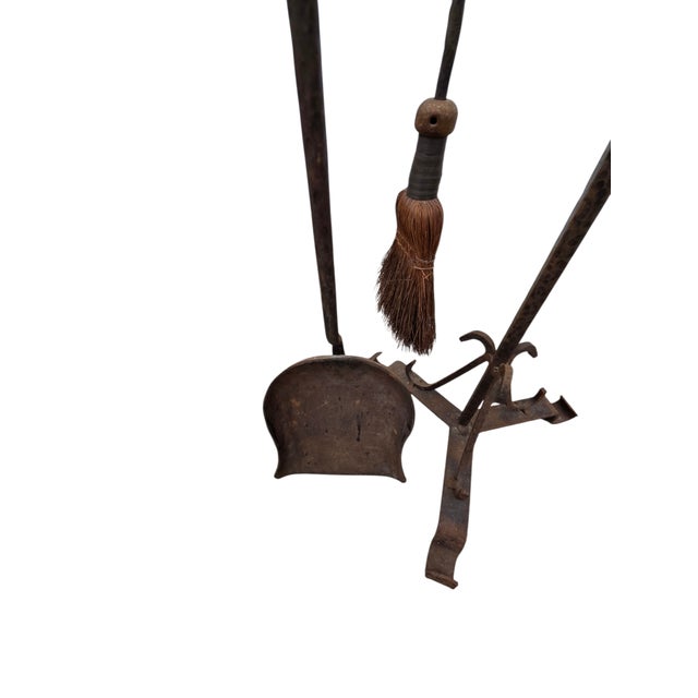 Antique Fireplace Tools Set Arts Crafts Artist Made Hand Forged Wrought Iron For Sale - Image 16 of 16