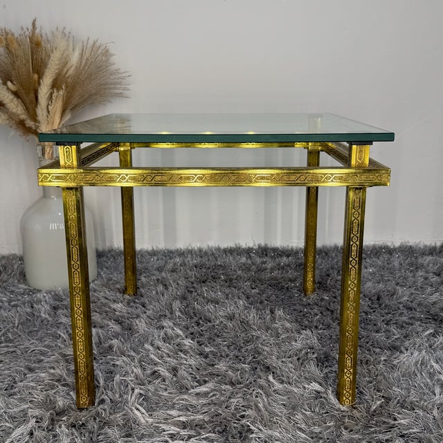 Hollywood Regency Side Table in Engraved Brass and Glass, 1970s For Sale - Image 4 of 13
