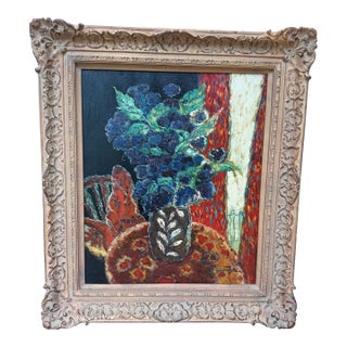 Beautiful Vintage Signed Expressive Floral Still Life Oil Painting in Carved Giltwood Frame - 27" X 33" For Sale