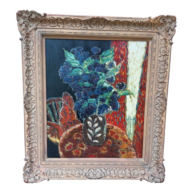 Vintage Signed Expressive Floral Still Life Oil Painting in Carved Giltwood Frame - 27" X 33" For Sale