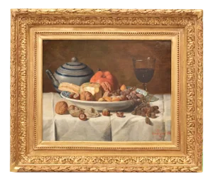 Jean-Louis Georges, Still Life with Fruit and Cheese, 1882, Oil on Canvas, Framed
