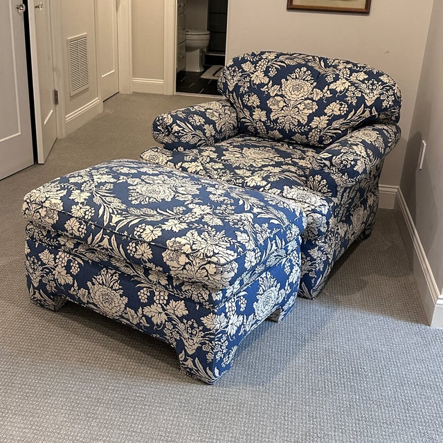 Blue and White Club Chair With Ottoman For Sale - Image 10 of 12