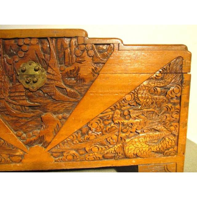 1920s 1920s Antique Large Oriental Hand Carved Dragon Stepped Top Camphor Box For Sale - Image 5 of 13
