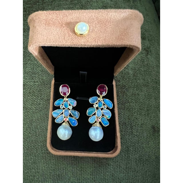 Late 20th Century Bochic "Orient" Vintage Ruby, Opal & Sapphires Earrings Set 18K Gold & Silver For Sale - Image 5 of 18