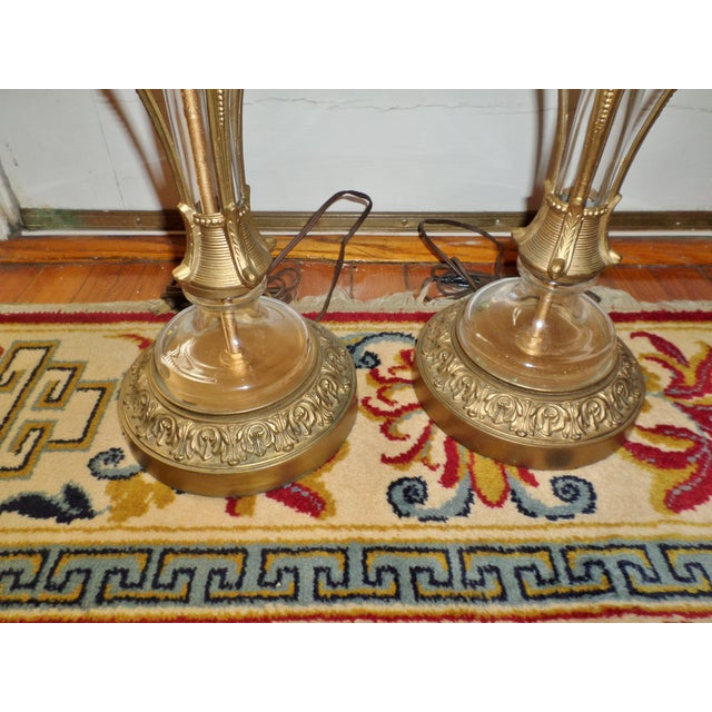 Metal Vintage Neoclassical Brass Glass Lamps- a Pair For Sale - Image 7 of 10