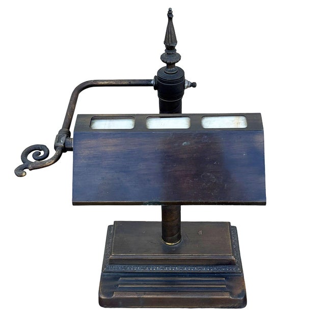 Arts & Crafts 1920s Arts & Crafts Mission Bronze Wash Brass Desk Lamp W/ Clerestory Glass Insets For Sale - Image 3 of 8