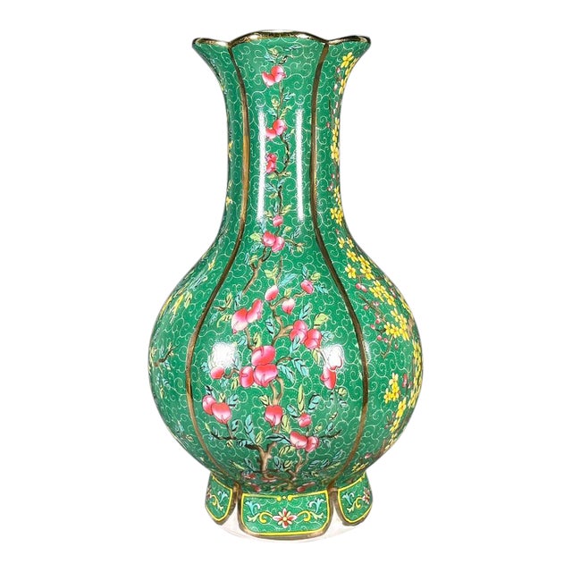 Vintage 1960s Chinese Green Ground Famille Rose "Fruits" Lobed Vase With Original Label For Sale