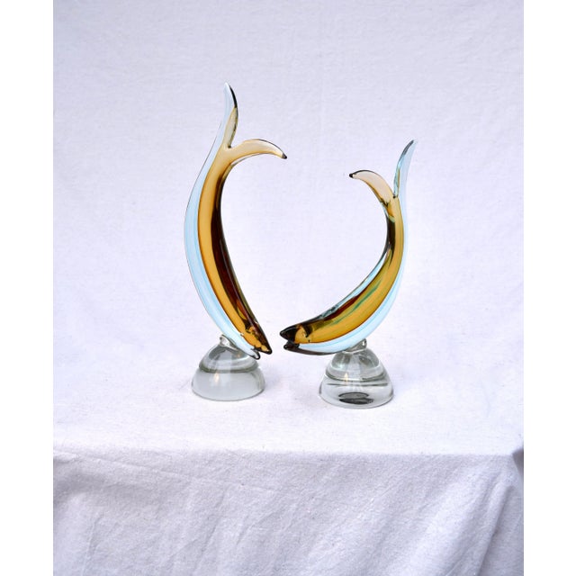 Mid 20th Century Murano glass Salviati Venezia studio Sommerso Fish Sculptures in exquisite aqua blue and amber. Generous...