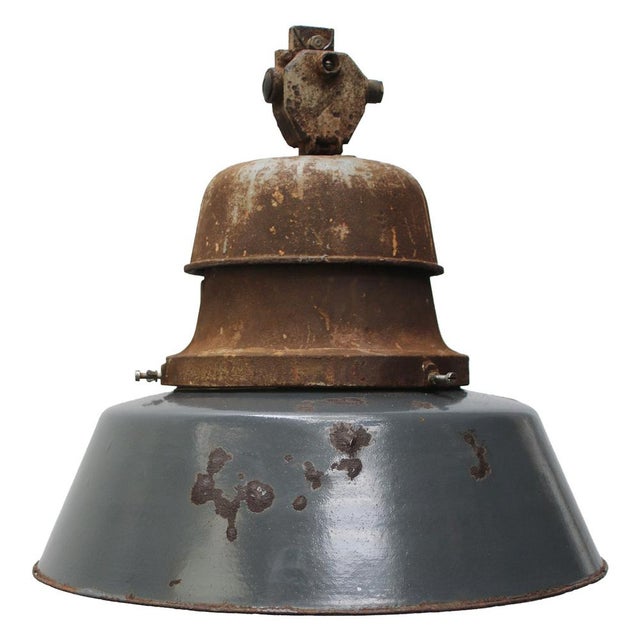Paint Vintage Industrial Blue Enamel & Cast Iron Train Station Pendant Lamp For Sale - Image 7 of 7