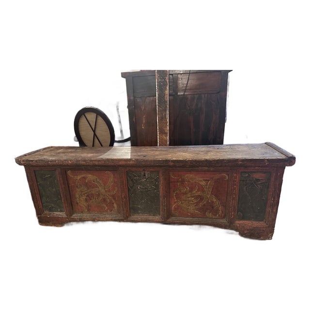 Very Early Hand Painted Italian Large Cassone Trunk With Original Hardware For Sale