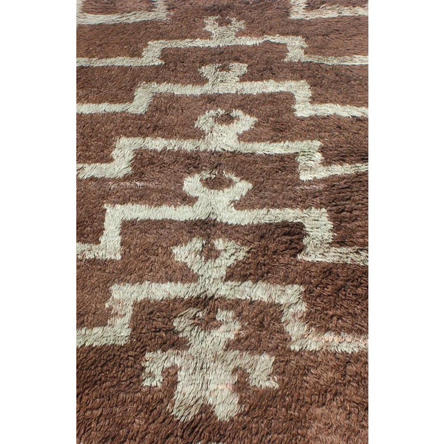 Mid 20th Century Vintage Mid-Century Modern Turkish Tulu With Tribal Pattern in Ice Blue and Brown Rug For Sale - Image 5 of 13