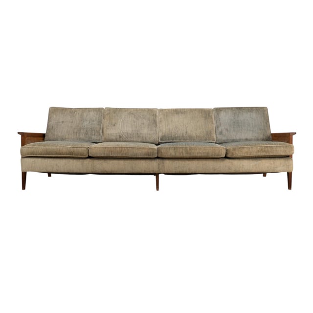 1960s Mid Century Modern Caned Walnut Velvet Long Sofa for Reupholstery 101" For Sale In Tampa - Image 6 of 16