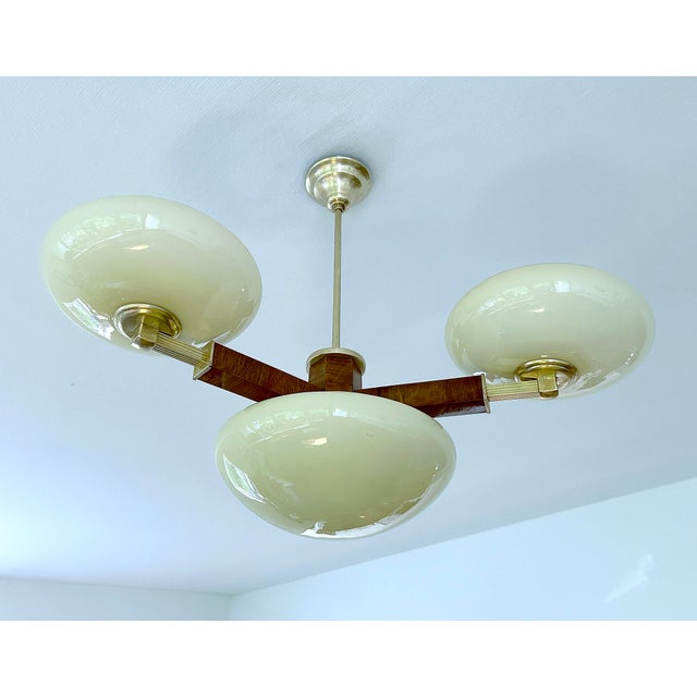 Metal Vintage Art Deco Pendant Light in Wood and Glass, 1930s For Sale - Image 7 of 18