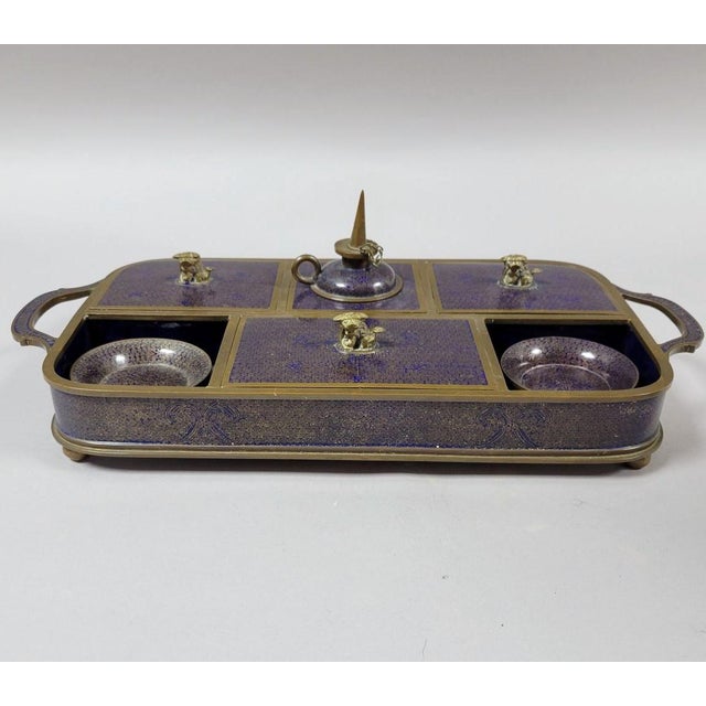 Late 19th Century Chinese Qing Cloisonné Opium Tray With Original Burner, Foo Dog Covers & Six Dishes For Sale - Image 11 of 11