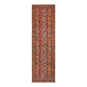 1900s Multicolor Geometric Handknotted Antique Persian Kurdish Runner Rug '5" X 11'8" Wool Carpet