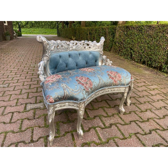 1970s French Louis XVI Blue Silver Beech Settee 1 Pc For Sale - Image 13 of 15