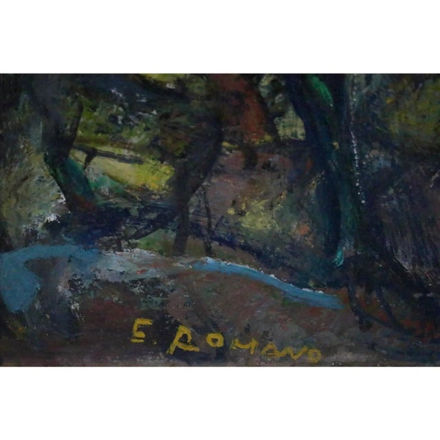 A signed oil on artistboard by listed artist E.Romano titled "Mountain Goat". Strong use of color and simplistic lines...