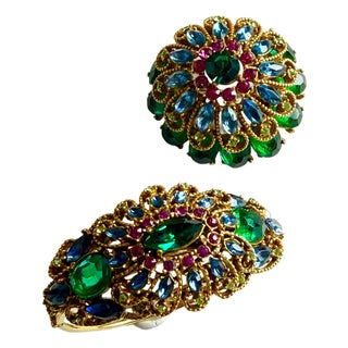 Vintage Signed Capri Demi-Parure – Multi-Layer Rhinestone Floral Dome Brooch/Pendant & Matching Hinged Cuff Bracelet For Sale