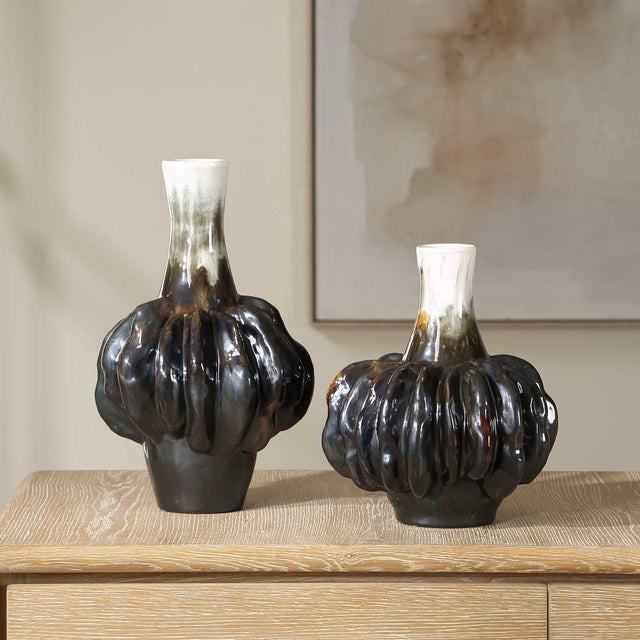 Contemporary Umbrian White & Brown Gourd Vases Set/2 For Sale - Image 3 of 4