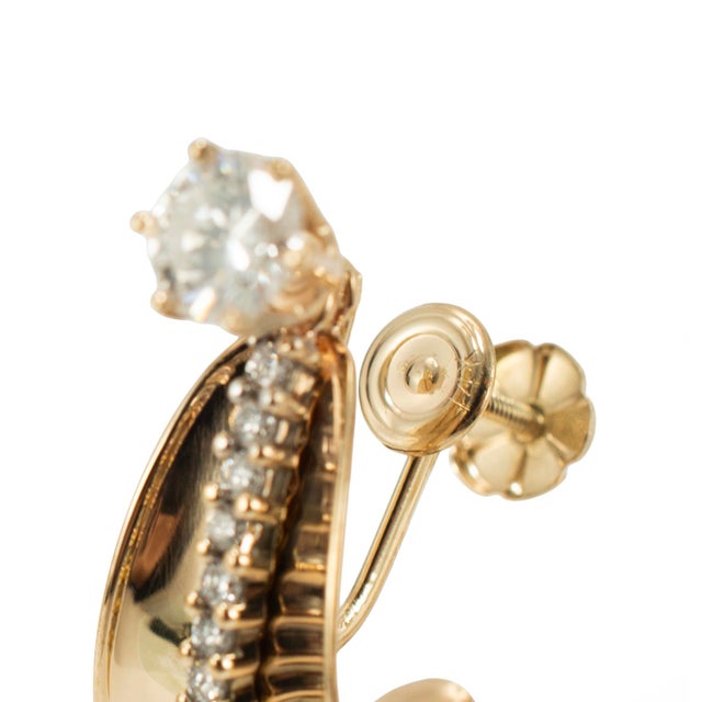 Vintage 14k Yellow Gold 1.43ct Diamond Stud Huggie Clip Dangle J Hoops Earrings, a Pair For Sale In Houston - Image 6 of 8