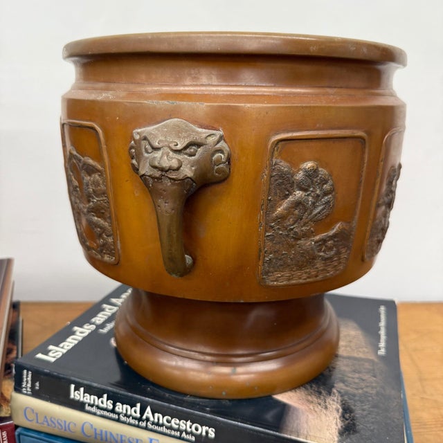 Metal Bronze Japanese Hibachi Vessels with Side Lion Handles - A Pair For Sale - Image 7 of 14