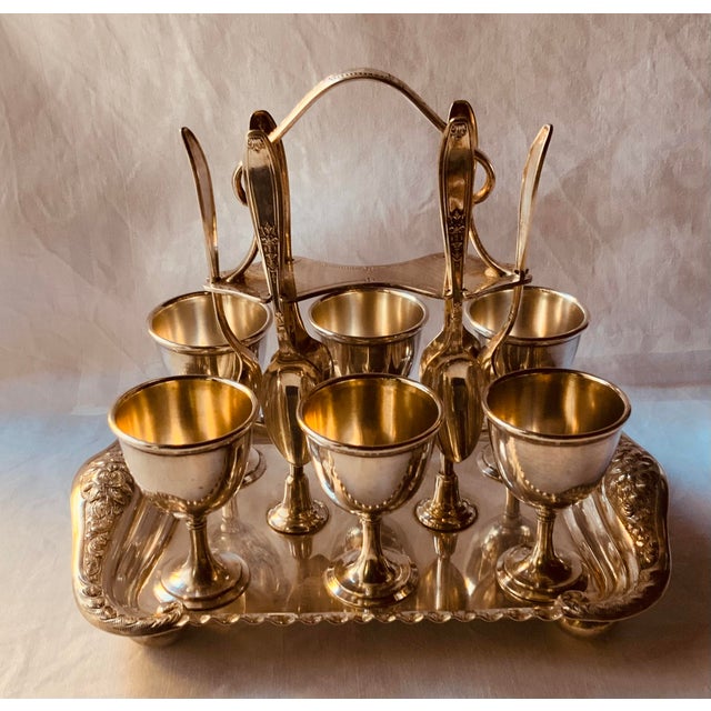 Antique Edwardian American Silverplate Egg Cup Set, Six Cups and Six Spoons on Footed Tray - 13 pcs For Sale - Image 14 of 18