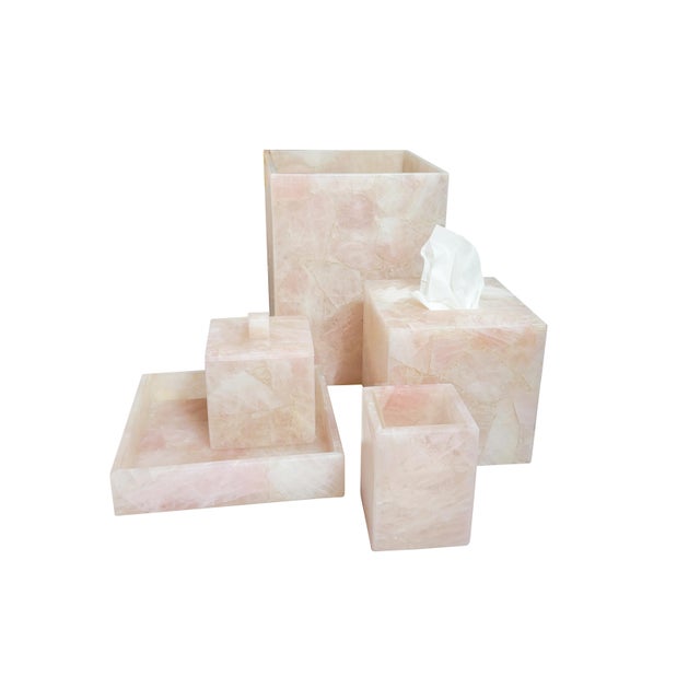 Art Deco Luxury Hand-Carved Rose Quartz Waste Bin With PVC Liner / Ships From New York For Sale - Image 3 of 3
