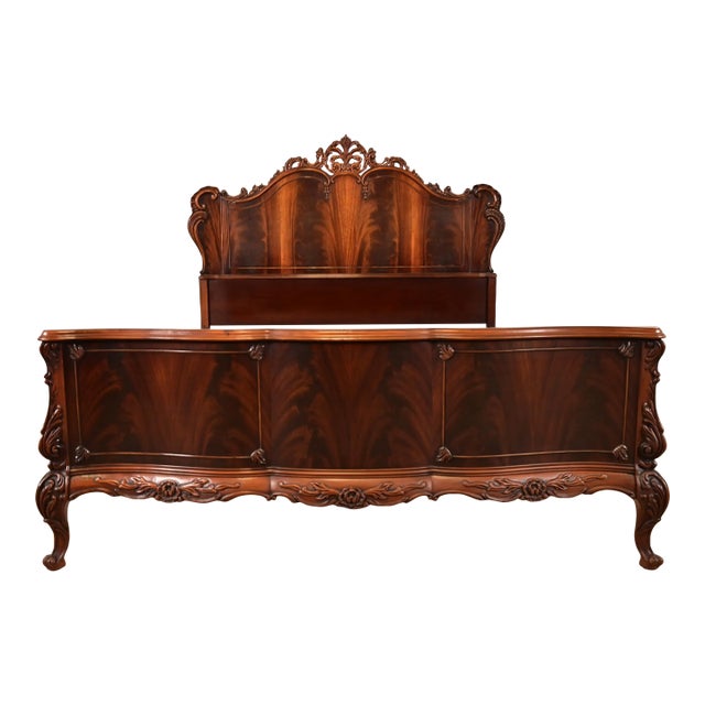 Romweber Antique French Provincial Louis XV Carved Flame Mahogany Full Size Bed, Circa 1920s For Sale