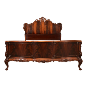 Romweber Antique French Provincial Louis XV Carved Flame Mahogany Full Size Bed, Circa 1920s