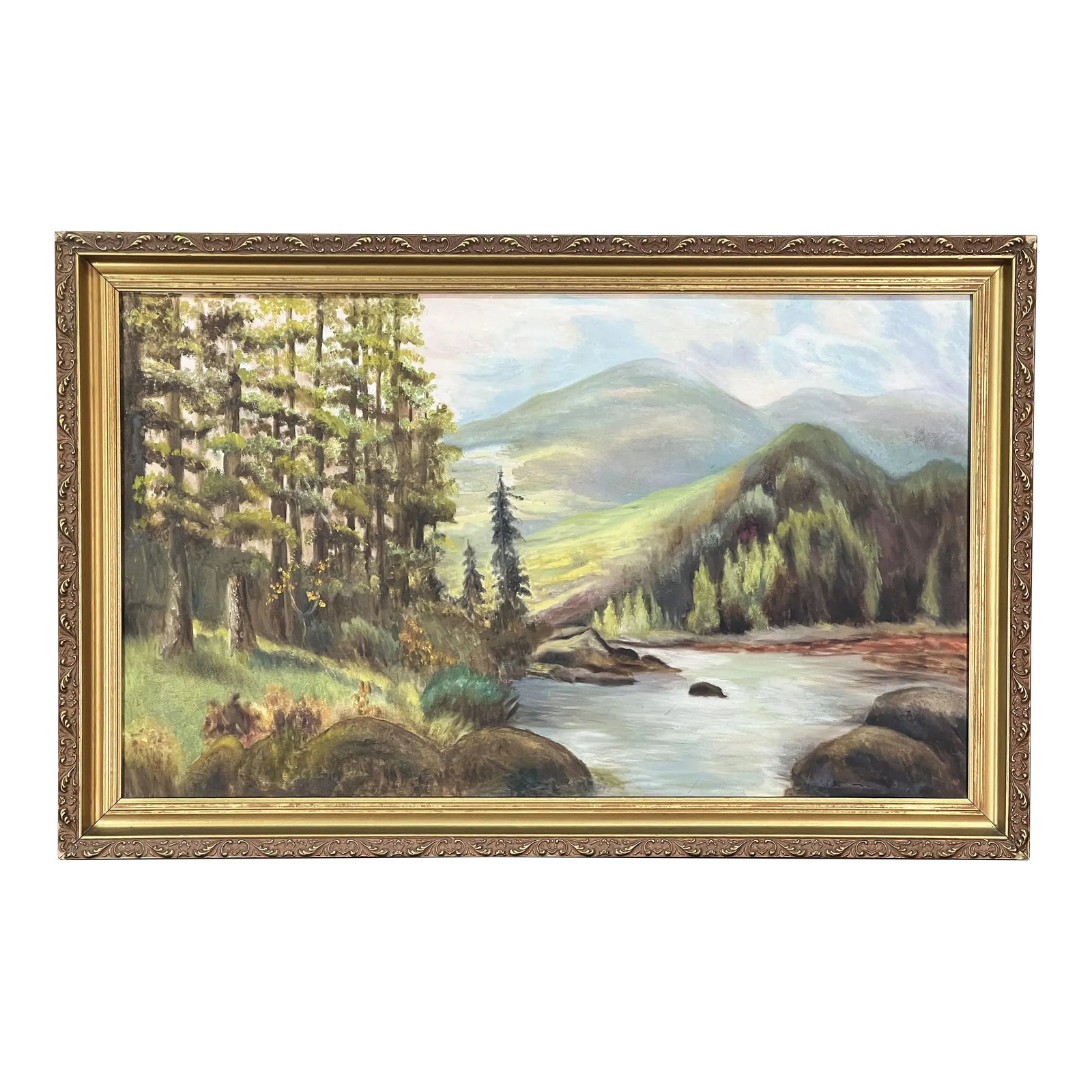 Vintage Oil on Canvas Wooded Landscape Painting Signed j.e. Clark
