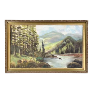 Vintage Oil on Canvas Wooded Landscape Painting Signed j.e. Clark