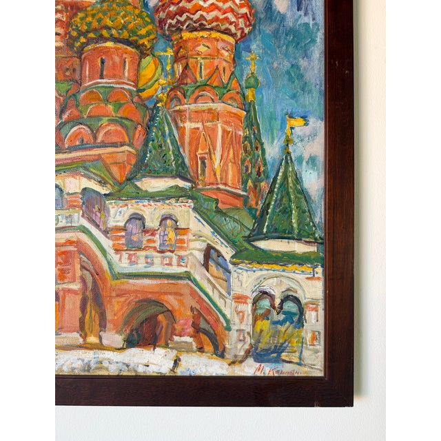 1980’s Vintage Moscow Cathedral of St. Basil Expressionist Oil on Canvas Painting, Signed For Sale - Image 9 of 11