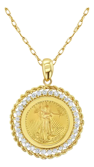 22K 1/10OZ Fine Gold Lady Liberty with Diamond & Rope Halo .60cttw 16"