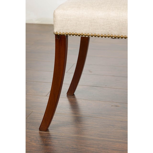 19th Century English Regency Bench with Saber Legs and Custom Linen Upholstery For Sale - Image 10 of 12