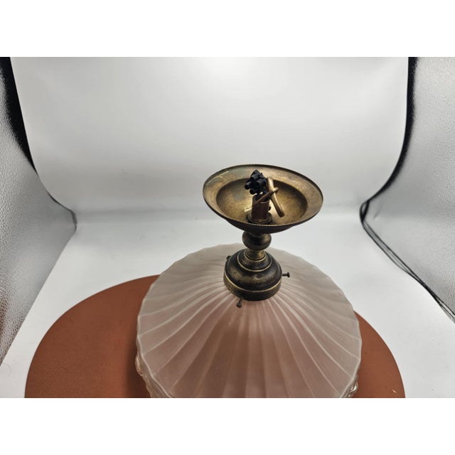 Art Deco brass ceiling lamp, dimensions: height 23 cm, lampshade diameter 25 cm. Up to 250V (Europe/UK Standard).The...