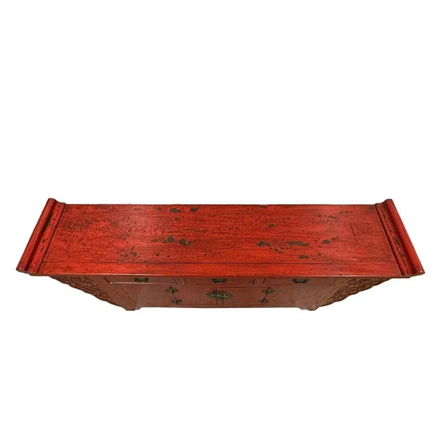 Wood Early 20th Century Chinese Red Lacquered Altar Cabinet, Buffet Table, Sideboard For Sale - Image 7 of 12