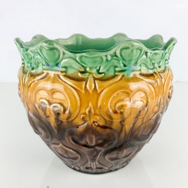 Art Nouveau Stunning Large Antique Art Nouveau Pottery Jardiniere Blended Majolica Hearts For Sale - Image 3 of 12