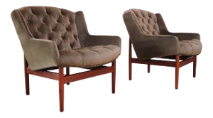 Jens Risom Model 2137 Walnut "Floating" Lounge Chairs in Olive Velvet- a Pair